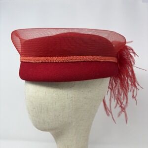 Red Wool Derby Hat Ostrich Feather Fascinator Cocktail Church Red Hat Society